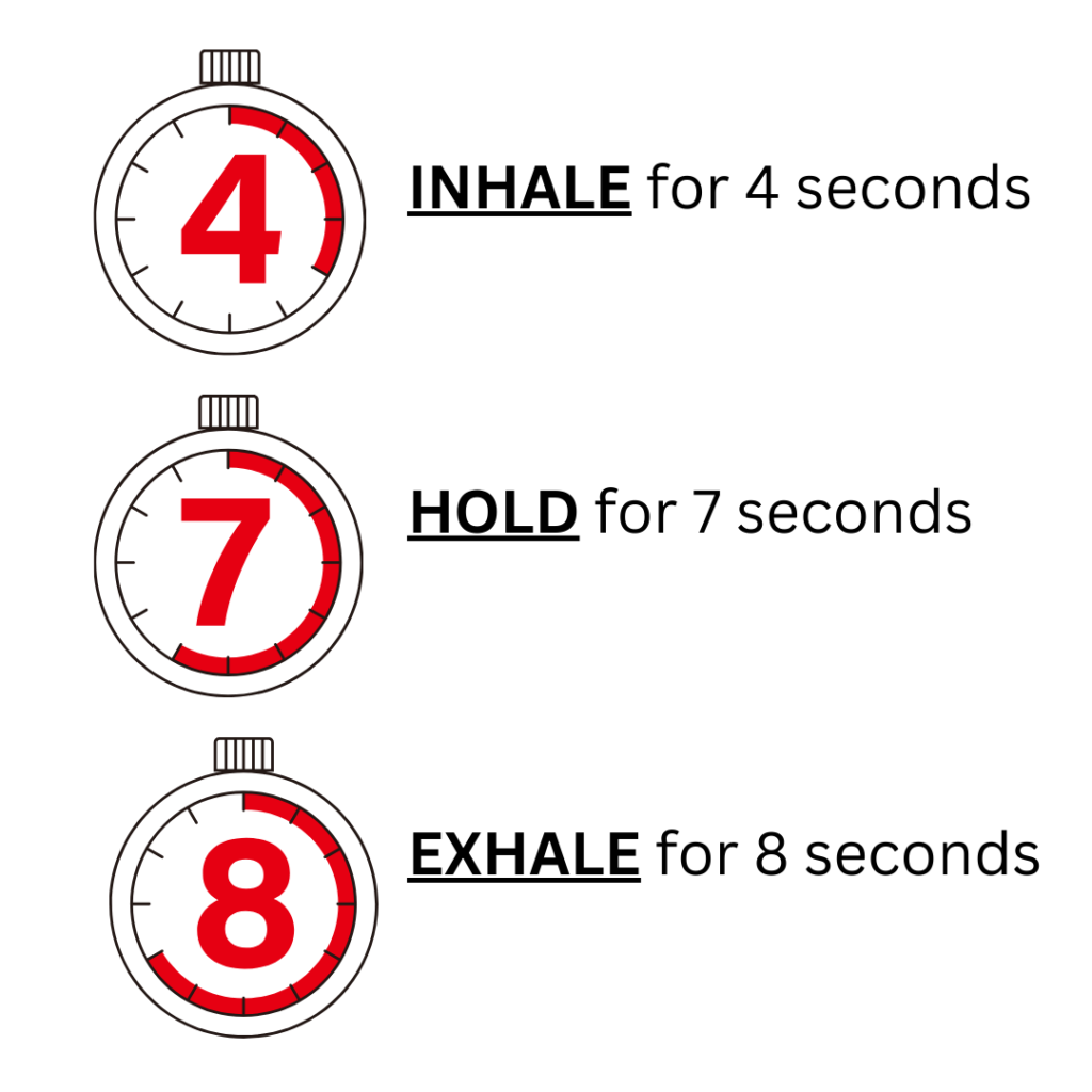 a red and white stopwatch with black text-4-7-8 Breathing Techniques in Meditation