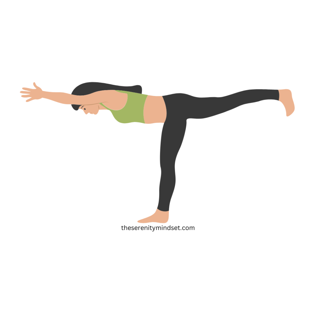 Yoga poses for weight loss. A woman doing warrior 3 pose.