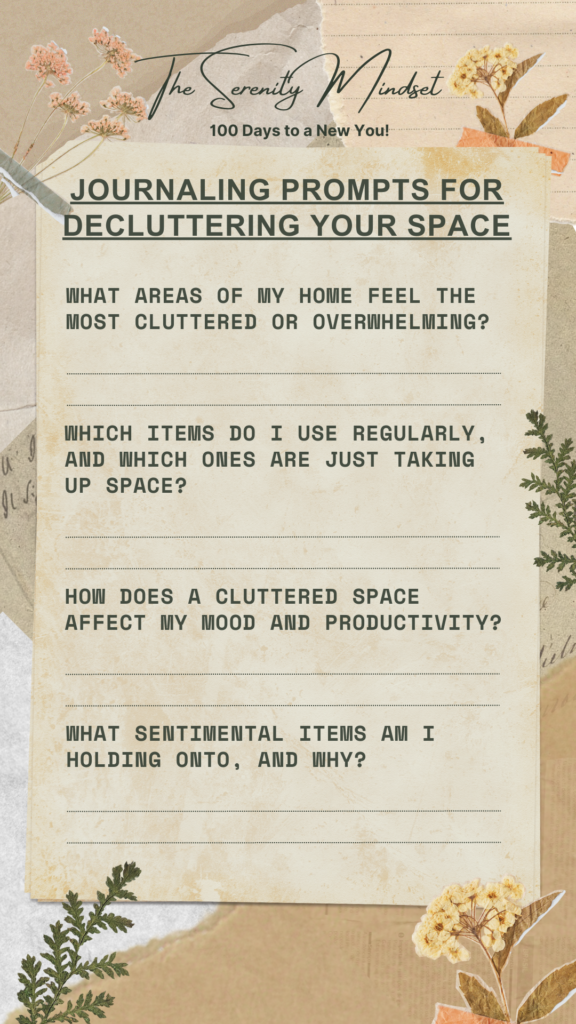 Decluttering  tips for beginners - journaling prompts for decluttering space infographic